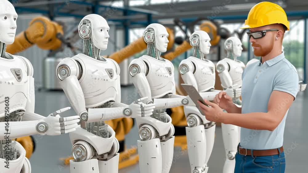 Poster multiple humanoid robots standing in factory with engineer checking tablet. robotic production line 