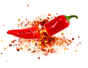 Exploding Chili Pepper with Seeds and Spice Particles, Side View, PNG Cutout