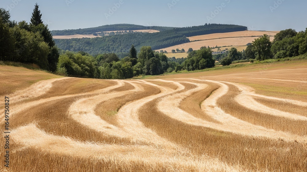 Poster golden wheat field with undulating patterns under a clear blue sky, surrounded by lush green trees a
