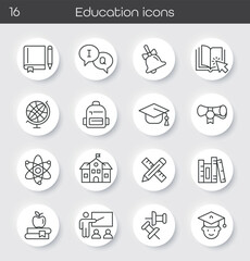 Education icons set with science, graduation, globe, books, school, art, music, sports, learning, and study symbols. Perfect for academic, teaching, and educational design projects.Vector illustration