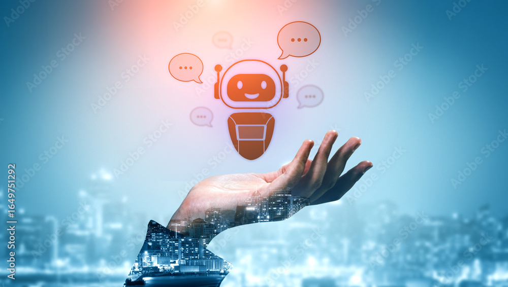 Poster ai chatbot virtual assistant interacting with users through ai conversation bubbles, symbolizing ai 