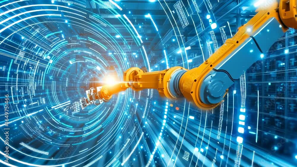 Aufkleber industrial robotic arm extending through circular digital holographic interface in high-tech manufac