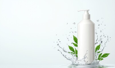 White lotion bottle with a pump surrounded by water splash and green leaves, sitting on a reflective surface against a light background