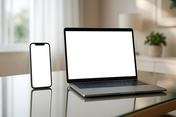 Laptop smartphone mockup blank white screen modern digital device workspace home office technology business template computer phone display glass desk contemporary gadget minimal clean design backgrou