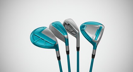 Close Up View of Teal and Silver Hybrid Golf Clubs and Fairway Woods with Aerodynamic Head Design Isolated on White for Retail and Sporting Goods Advertising