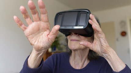 Senior woman wearing virtual reality headset, exploring digital world with hands raised, showcasing immersive technology experience and engagement in modern entertainment