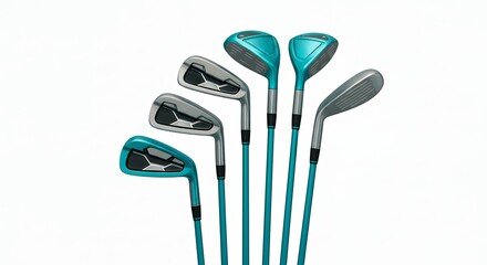 Professional Teal Golf Club Set for Ladies or Youth with Graphite Shafts and Modern Cavity Back Irons and Woods Isolated on White Background for Sports Equipment Catalog