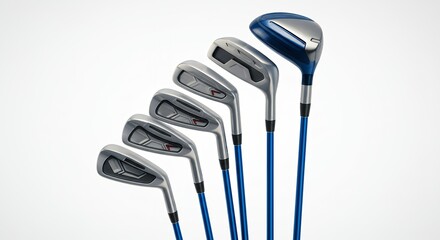 Contemporary Golf Club Set Featuring Blue Graphite Shafts and Weighted Iron Heads for Stability and Distance Isolated on White Backdrop for E-commerce