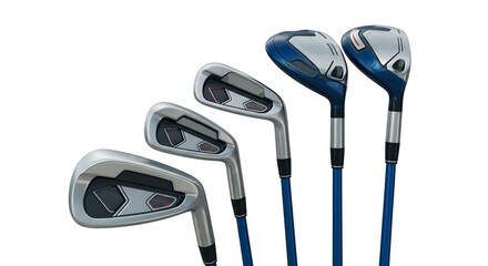 Detailed View of Modern Golf Irons and Woods with Blue Shafts and High MOI Head Design for Game Improvement and Professional Sports Retail Marketing