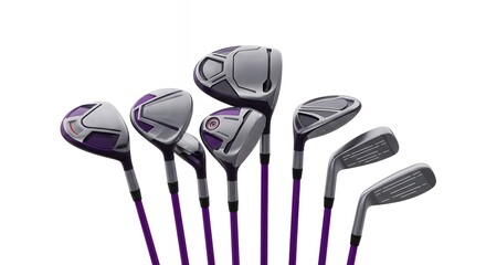 Vibrant Purple Ladies Golf Club Set Including Driver Fairway Wood and Irons with Matching Graphite Shafts for Female Golfers and Sports Fashion Imagery