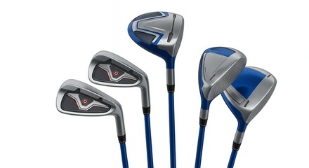 High Angle Shot of Premium Blue and Silver Golf Wood and Iron Set Displayed for Professional Sport Equipment Branding and Online Retail Catalogs