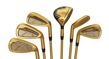 Elite Gold Golf Equipment Collection with Driver and Irons Fan Arrangement for Exclusive Pro Shop and Retail Advertising