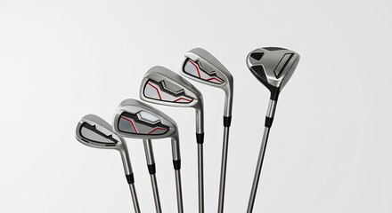 Modern Silver Golf Club Set with Red Accent Detail, Contemporary Professional Irons and Driver for Sporting Goods Catalog and Digital Marketing