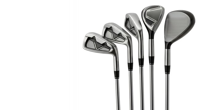 High-Performance Silver Golf Irons and Hybrid Club Set, Sleek Metallic Golfing Gear Isolated on White for Professional Sports Media and Retail - Powered by Adobe