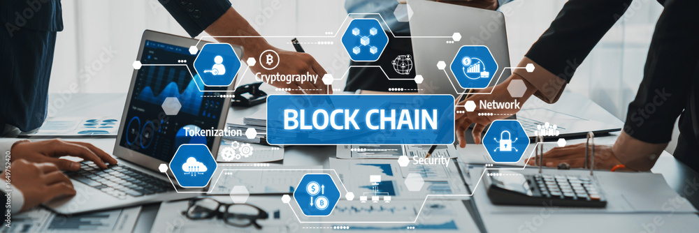 Poster collaborative business meeting on blockchain technology with infographics and modern digital tools i