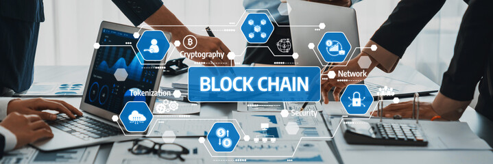 Collaborative Business Meeting on Blockchain Technology with Infographics and Modern Digital Tools...