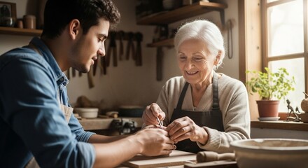 Passing on Tradition: A touching moment between a young man and an elderly woman is seen, engaged in a detailed craft inside a workshop, illuminated by warm light from the window.