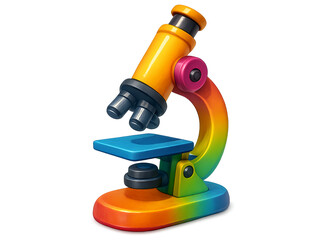A colorful cartoon microscope with a rainbow colored stand and yellow body perfect for science education and laboratory exploration isolated on transparent background