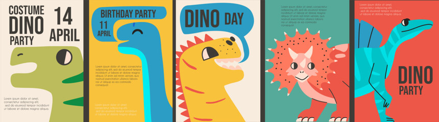 Set of different cartoon children's posters with cute dinosaurs and template text. Kids dino cards.  © Aliaksandra