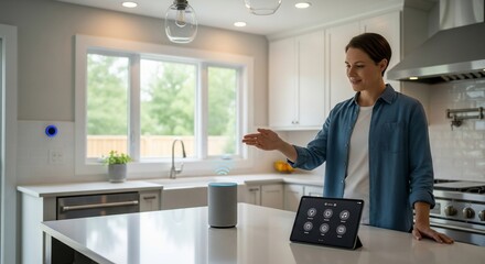 Smart Kitchen Integration: A woman interacts with a smart home device in a modern kitchen setting, showcasing seamless integration and convenience.