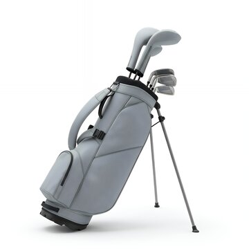 Minimalist Gray Golf Stand Bag with Matching Headcovers, High-Quality Sporting Gear for Commercial Use, Sleek Light Grey Golf Bag and Club Set Isolated on White