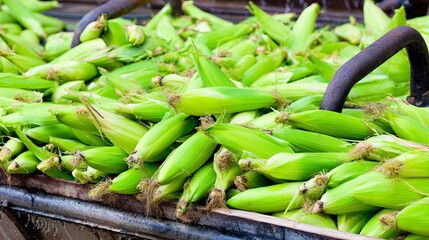 Fototapeta premium Freshly harvested corn cobs piled high in a rustic wooden crate, showcasing vibrant green husks and golden silk, representing agricultural abundance and seasonal produce