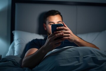 Fototapeta premium Man Uses Smartphone in Bed at Home at Night