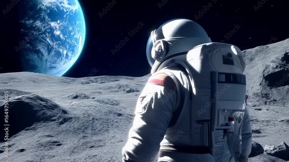 Poster astronaut in white spacesuit standing on rocky lunar surface with earth visible in background, surro