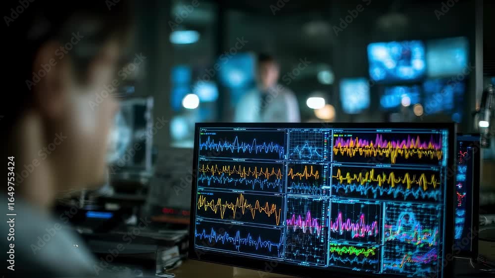 Aufkleber focused image of a computer screen with colorful complex eeg nightmare pattern graphs with a blurred