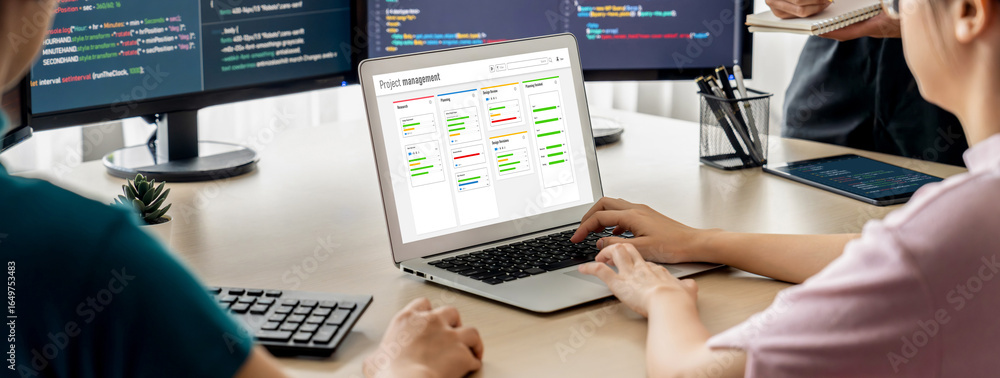 Poster project planning software for brisk business project management on the computer screen showing timel