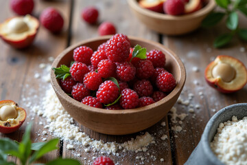 Fresh raspberries in wooden bowl with scattered fruit on table  