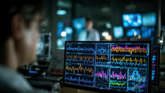 Focused image of a computer screen with colorful complex EEG nightmare pattern graphs with a blurred figure of a researcher analyzing data in the background under lab lighting.