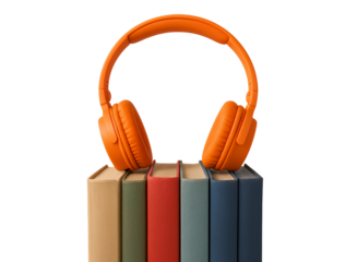 Bright orange headphones rest on a row of colorful books, representing the world of audiobooks on transparent background..