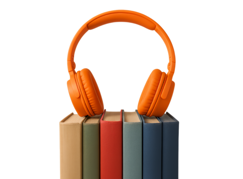 Bright orange headphones rest on a row of colorful books, representing the world of audiobooks on transparent background..