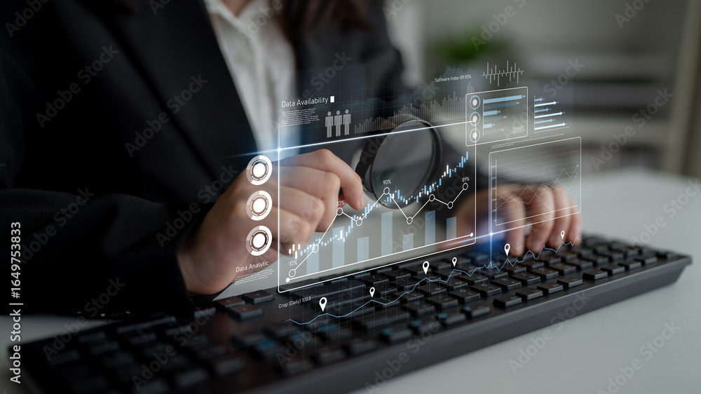 Poster high-tech data visualization dashboard for analytics and performance tracking, including data visual