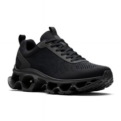 Perspective View of Modern Black Athletic Shoe with Organic Wave Sole Architecture and Seamless Knit Construction for Runners