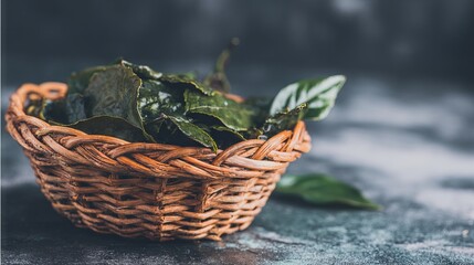 Woven basket filled with dried green leaves, placed on a textured surface, showcasing natural elements and organic materials in a rustic kitchen setting