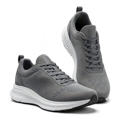 Side Profile and Front Perspective of Grey Performance Trainers with Ribbed Midsole and Heel Pull Tab for Sportswear Branding Mockups