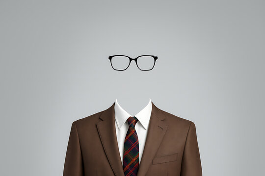Invisible man concept with brown suit, plaid tie and eyeglasses, surreal faceless business identity, anonymous corporate figure, abstract office attire, creative leadership metaphor, mysterious profes - Powered by Adobe