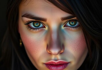 Close-up portrait, dark hair, black attire, alluring gaze,  charming,  eyes