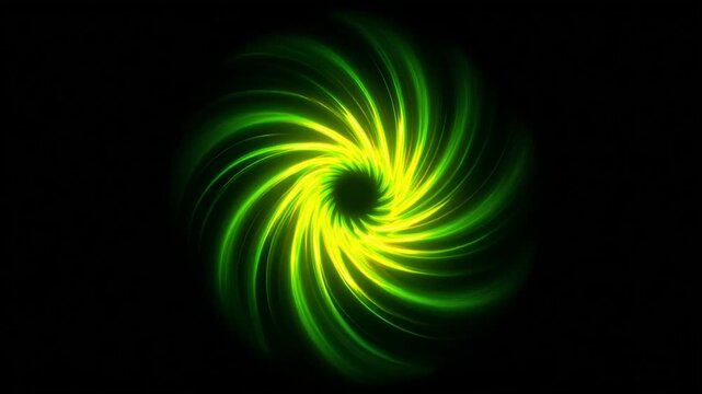 Digital art display of vibrant swirling green and yellow pattern creating a captivating hypnotic effect in dark background