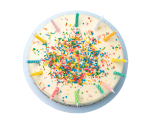 Top-Down View of Birthday Cake with Candles and Confetti Sprinkles, Transparent Background