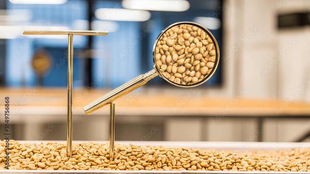 Poster magnifying glass displaying a close-up view of pine nuts on a textured surface, surrounded by a blur