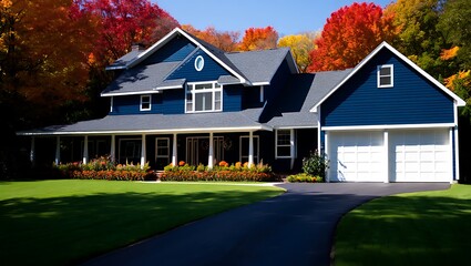 Beautiful dark blue suburban house with a covered porch and garage in autumn