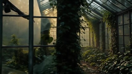 A mist covered decaying glass greenhouse with overgrown vines creeping through broken panes Golden morning light filters in as dew glistens on the plants - Powered by Adobe