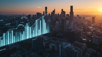 Aerial view of a city skyline at sunset with digital growth chart overlay representing economic progress - Powered by Adobe