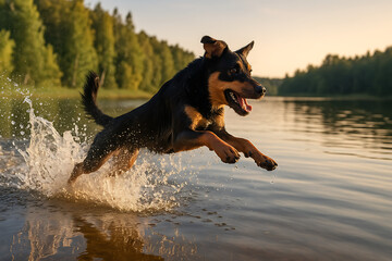 Energetic dog leaping through shallow water in lake at sunset, joyful canine splash, playful pet running in nature, summer outdoor adventure, active animal lifestyle, happy dog enjoying freedom outdoo