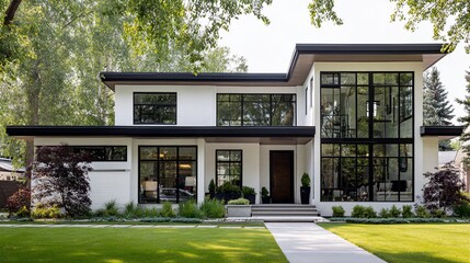 Obraz premium Modern two-story home with white exterior, large windows, and manicured lawn (1)