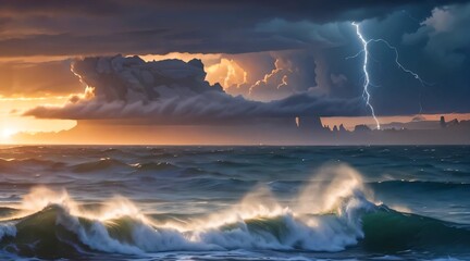 Fototapeta premium 3d illustration of stormy sea with stormy sky and lightning