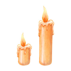 Watercolor illustration of two lit candles with melting wax. Hand drawn. Perfect for Halloween, gothic theme, mystical decor, invitations and scrapbooking, fall decor